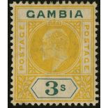 Gambia. 1909 3/- yellow and green unmounted mint with R1/6 LP dented frame, gum just a little aged