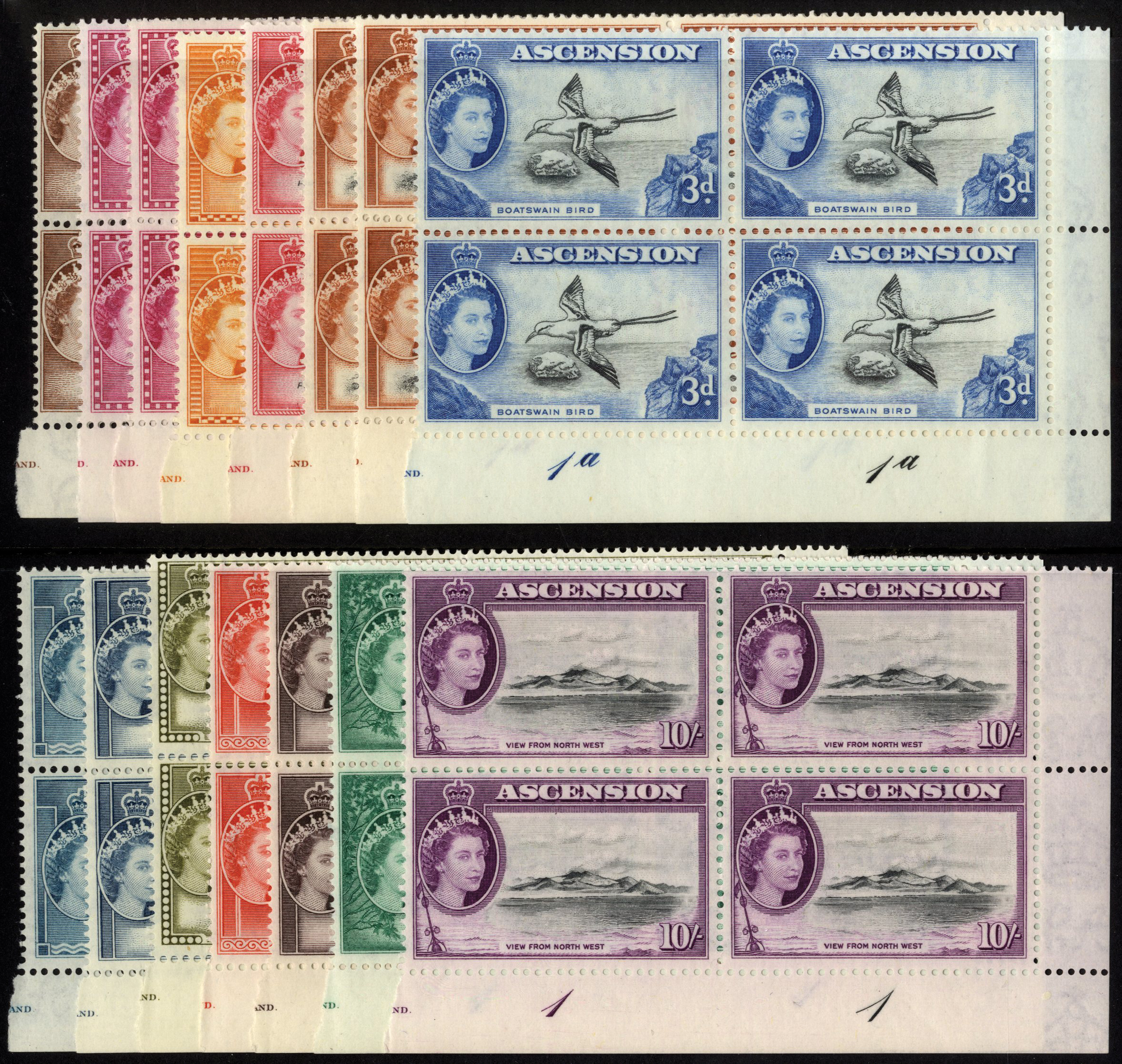 Ascension. 1956 set of thirteen in unmounted mint Plate blocks of four, additional blocks of 1d
