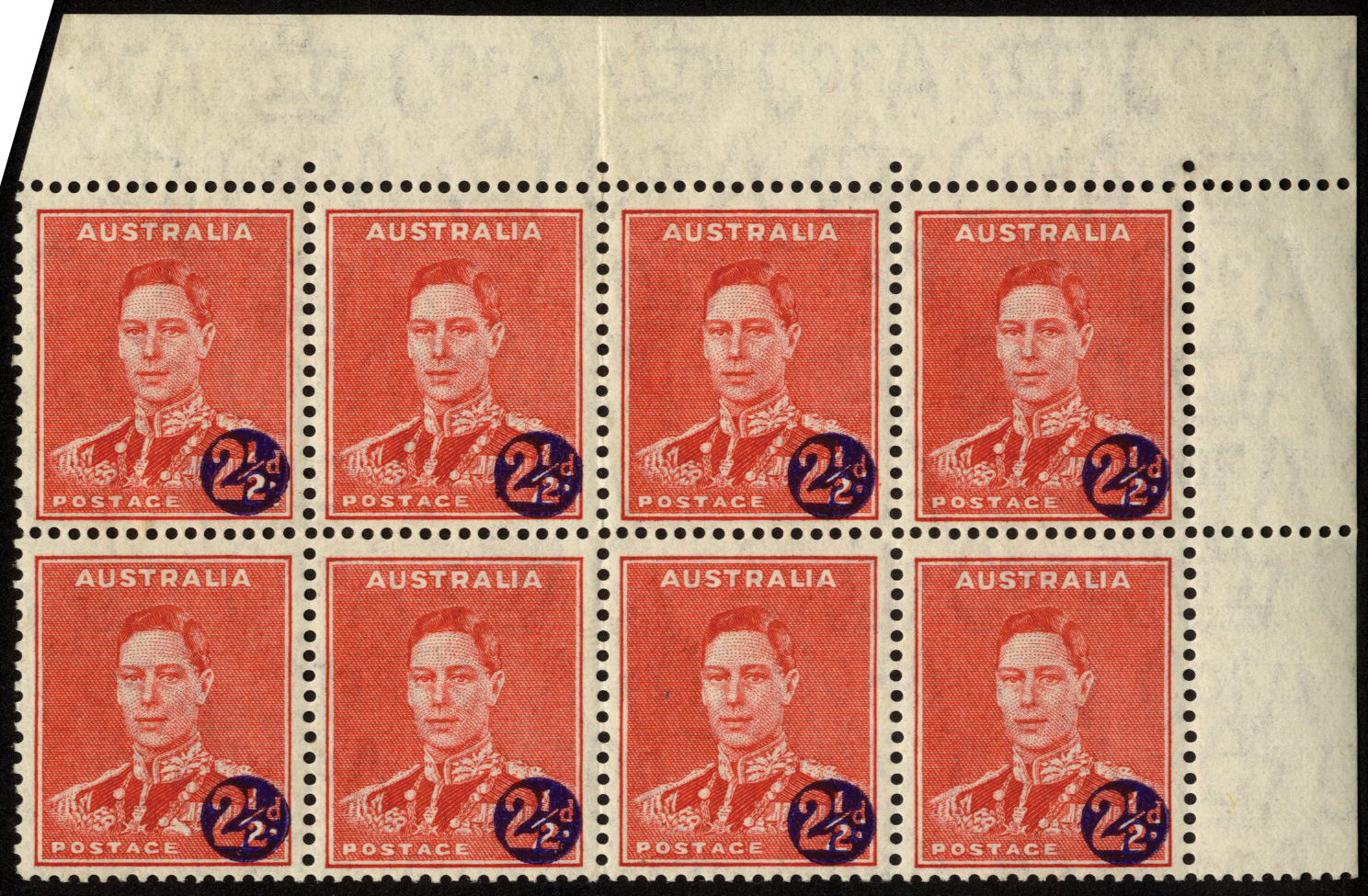 Australia. 1941 2½d on 2d scarlet mint corner block of eight (central vertical fold) with R2/5