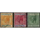 Cyprus. 1910-15 10pa and 1pi plus 1923 30pa green, each good used with R10/6 RP broken bottom left