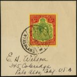 Nyasaland. 1944 5/- green and red on pale yellow paper on piece of envelope to USA, full NKATA BAY