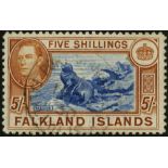 Falkland Islands. 1944 printing of the 5/- dull blue and yellow-brown on greyish paper, fine used