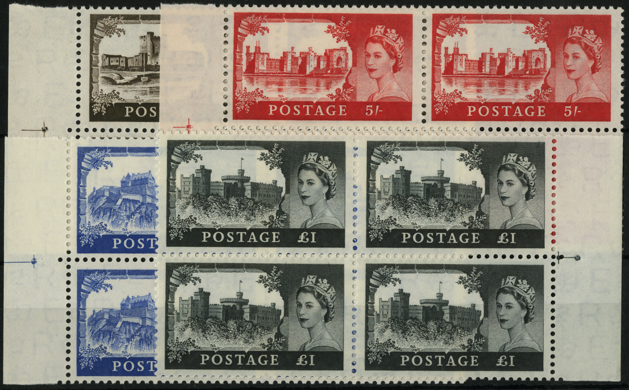 Great Britain. 1958 2/6d - £1 De La Rue high value set of four in unmounted mint marginal blocks
