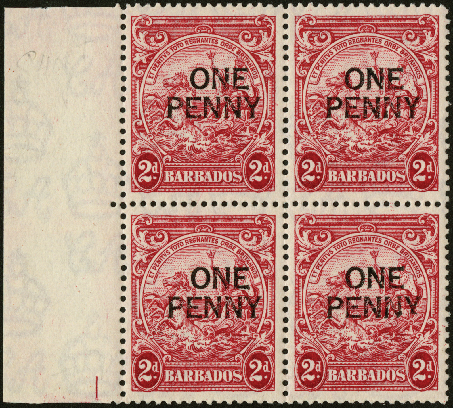 Barbados. 1947 1d on 2d perf 13½ x 13 mint positional block of four, hinged on top pair only;