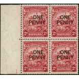 Barbados. 1947 1d on 2d perf 13½ x 13 mint positional block of four, hinged on top pair only;