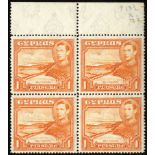 Cyprus. 1944 1p perf 13½ x 12½ top marginal block of four, mint, hinged on selvedge only. PFSA