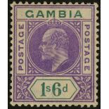 Gambia. 1909 1/6d violet and green mint with R1/6 LP dented frame. Hinge remainder. SG 82a (£550)