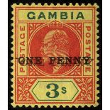 Gambia. 1906 1d on 3/- carmine and green, a fine mint example with surcharge double, ex Arnhold (Lot