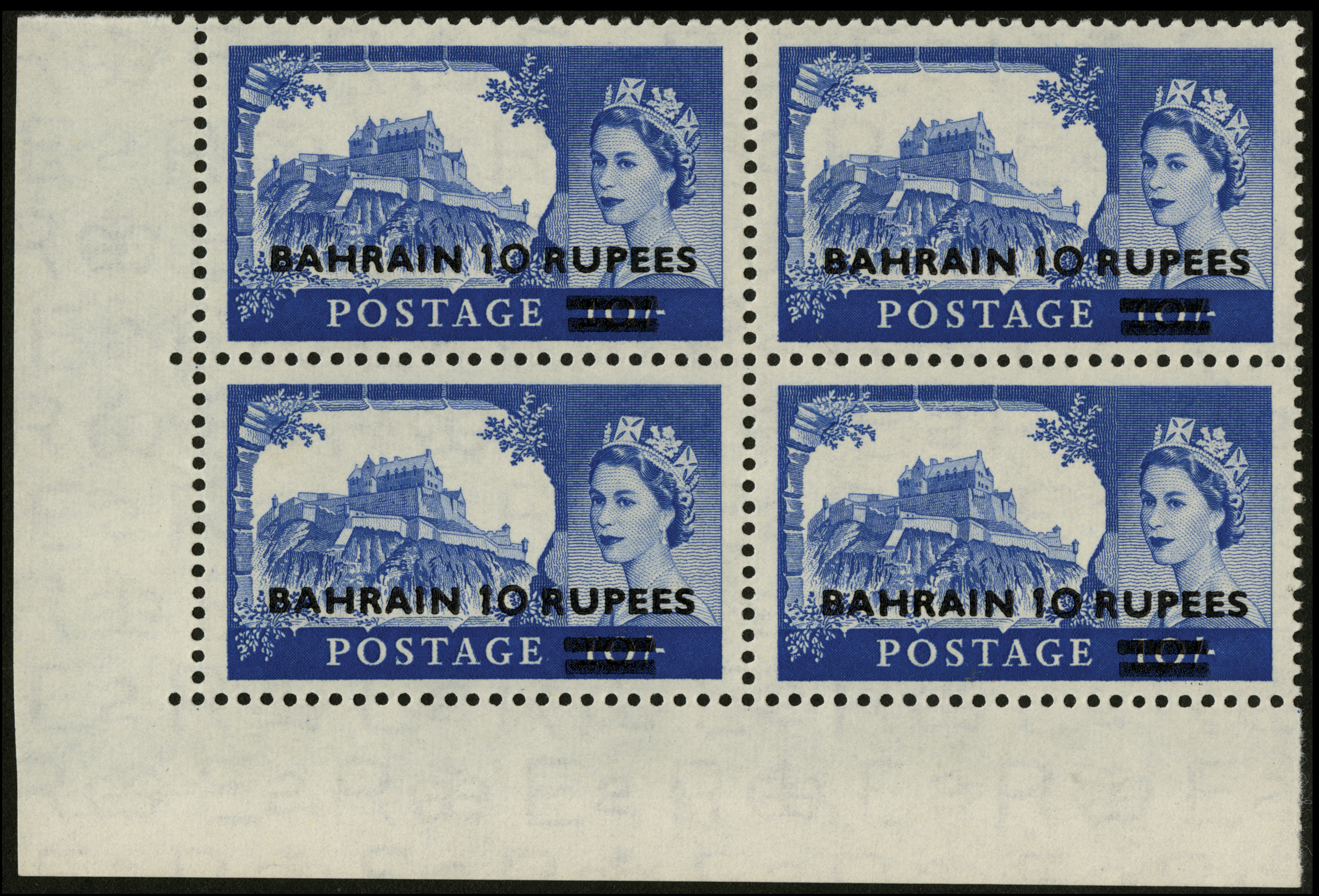 Bahrain. 1960 10r on 10/- De La Rue dull ultramarine, unmounted mint lower left corner block of