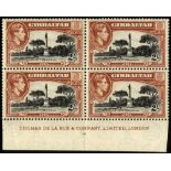 Gibraltar. 1946 2/- black and pale red-brown perf 13, mint imprint block of four with R9/3 'bird