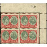 St Kitts-Nevis. 1938 5/- grey-green and scarlet perf 13 x 12, unmounted mint top right corner