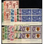 Sarawak. 1955-7 set of fifteen in unmounted mint imprint blocks of four. SG 188-202 (£400)