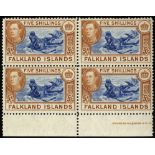 Falkland Islands. 1944 5/- dull blue and yellow-brown unmounted mint block of four with part