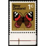 New Zealand. 1973 1ct Red Admiral (no watermark) unmounted mint bottom marginal example, showing