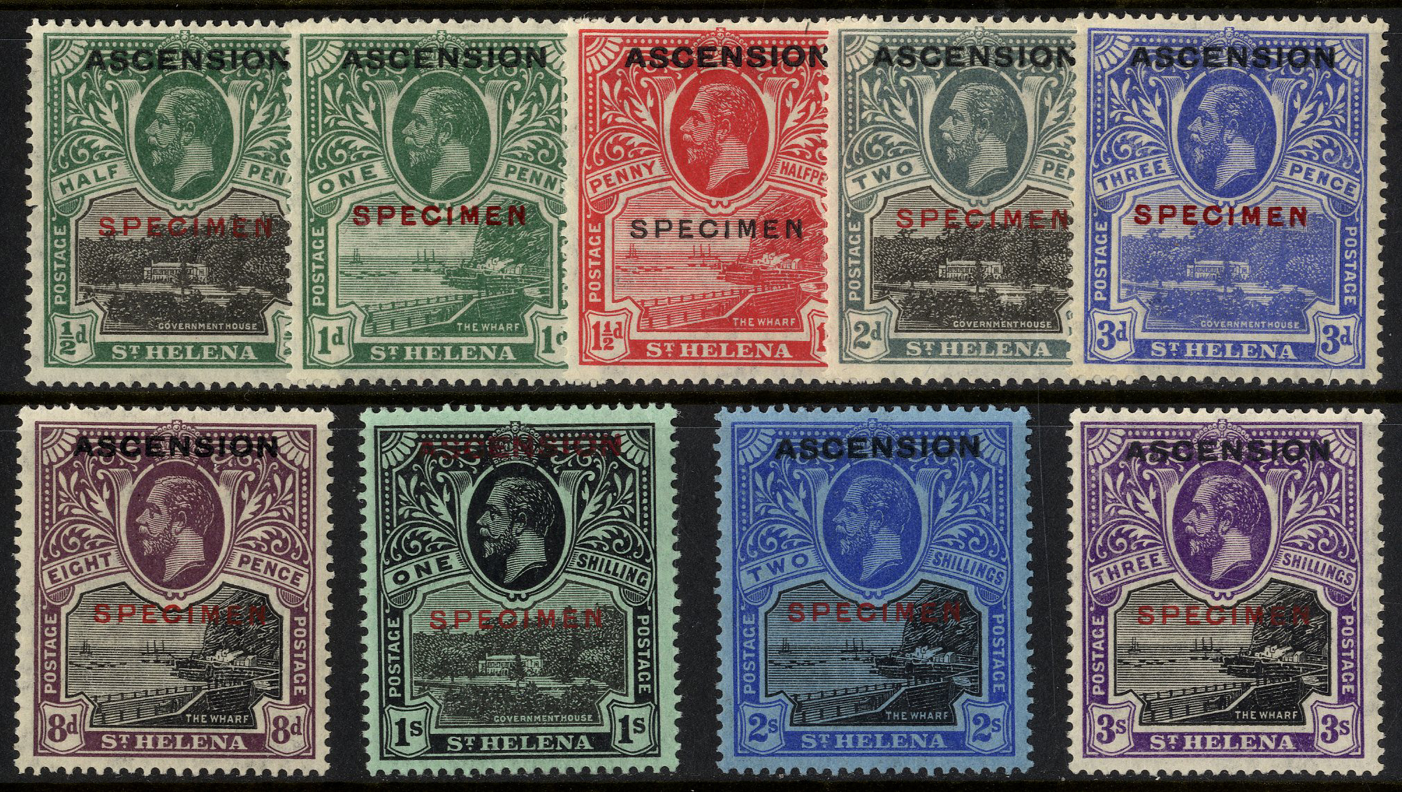 Ascension. 1922 set of nine overprints on St Helena, additionally overprinted SPECIMEN Type D16,