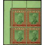 Malaya. Selangor. 1936 $5 green and red on emerald paper top left corner block of four with