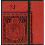 Leeward Islands. 1937 (Dec.) £1 reddish purple and black on crimson-red paper, unmounted mint top