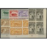 Falkland Islands. 1955-7 set of six in unmounted mint Plate blocks of four. SG 187-92 (£210)