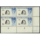 Falkland Islands. 1966 2d black and deep blue De La Rue printing, unmounted mint Plate 2-1 block