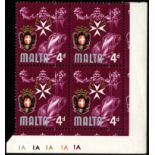 Malta. 1965 4d Knights of Malta Cyl. 1A block of four with silver omitted, unmounted mint, each