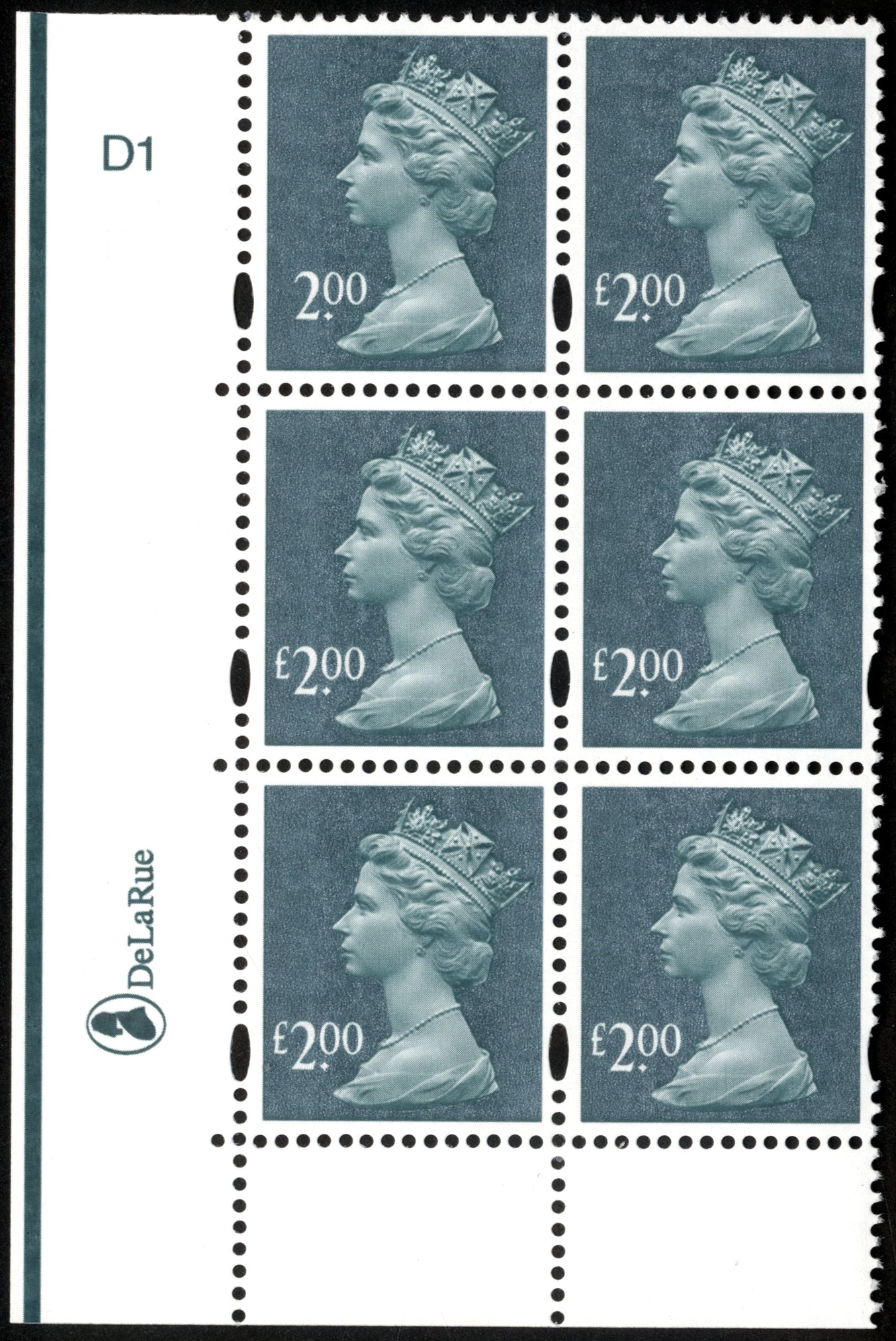 Great Britain. 2003 £2 deep blue-green with elliptical perfs, cylinder D1 block of six with R18/1