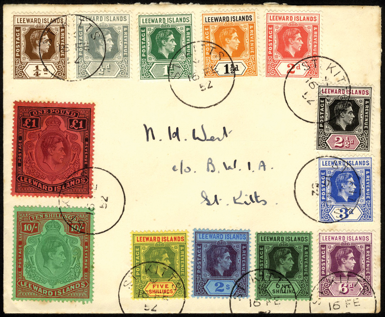 Leeward Islands. 1952 envelope (5½ x 4¼") with the then-current values (13) used locally, the £1