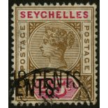 Seychelles. 1896 18ct brown and carmine with surcharge double, used. Fine but for a light crease.