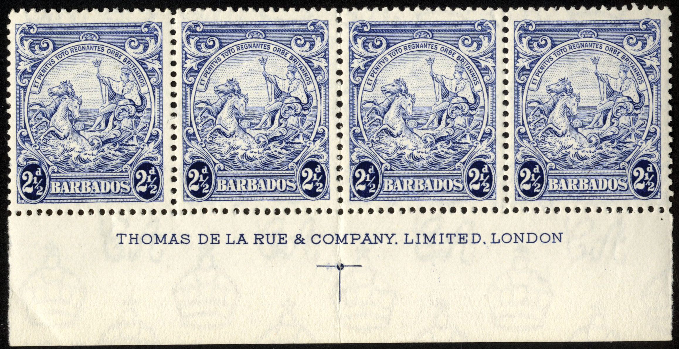 Barbados. 1938-47 2½d ultramarine horizontal mint strip of 4 with full imprint. R12/5 showing 'A' of