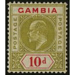 Gambia. 1905 10d olive and carmine mint, R1/6 LP dented frame. Scarce. SG 66a (£550)