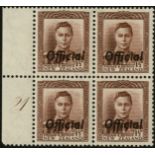 New Zealand. Officials. 1938 1½d purple-brown unmounted mint left-marginal block of four with