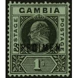 Gambia. 1909 1/- black on green paper, mint with R1/6 LP dented frame and overprinted SPECIMEN