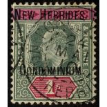 New Hebrides. 1908 1/- green and carmine watermark Crown CA, fine used with 24 MAI 10 CDS. Scarce.