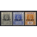 Gambia. 1921-2 2d, 2½d and 5d values overprinted SPECIMEN Type D12, fine mint, each with R7/5 RP