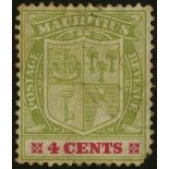 Mauritius. 1910 4ct pale yellow-green and carmine, used, in poor condition (toned and with a missing