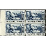 Falkland Islands. 1948 1/- deep dull blue on thin paper, unmounted mint marginal block of four. SG