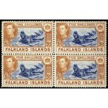 Falkland Islands. 1938 5/- indigo and pale yellow, unmounted mint block of four in wonderful