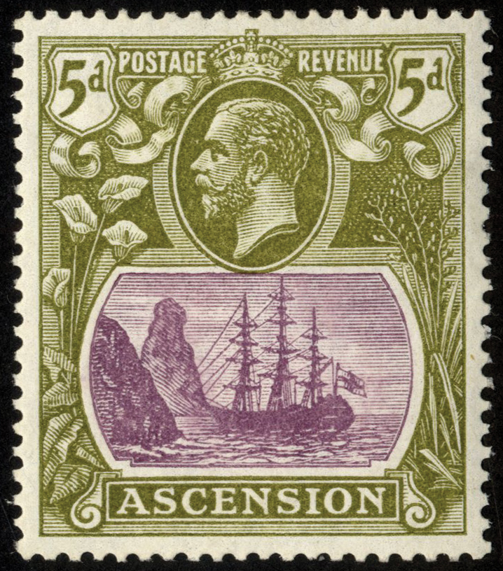 Ascension. 1927 5d purple and olive-green fine mint, R2/1 broken mast. SG 15da (£375)