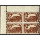 Montserrat. 1942-8 3d red-brown perf 14, top left corner block of four with R2/2 'tower' flaw,