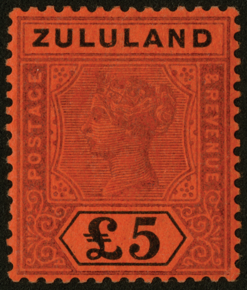 South Africa. Zululand. 1894 £5 purple and black on red paper, fine mint. A rare stamp, Brandon