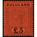 South Africa. Zululand. 1894 £5 purple and black on red paper, fine mint. A rare stamp, Brandon