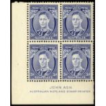Australia. 1938 3d Die II thick paper unmounted mint Ash imprint block of four, one short perf at