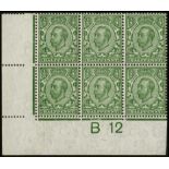 Great Britain. 1912 ½d green watermark Multiple Cypher Control B12 (close setting) block of six,