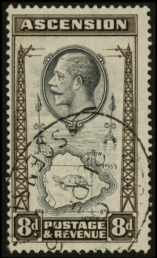 Ascension. 1934 8d black and sepia used with registered oval cancel of 21 DE 36, R4/5 'teardrops'