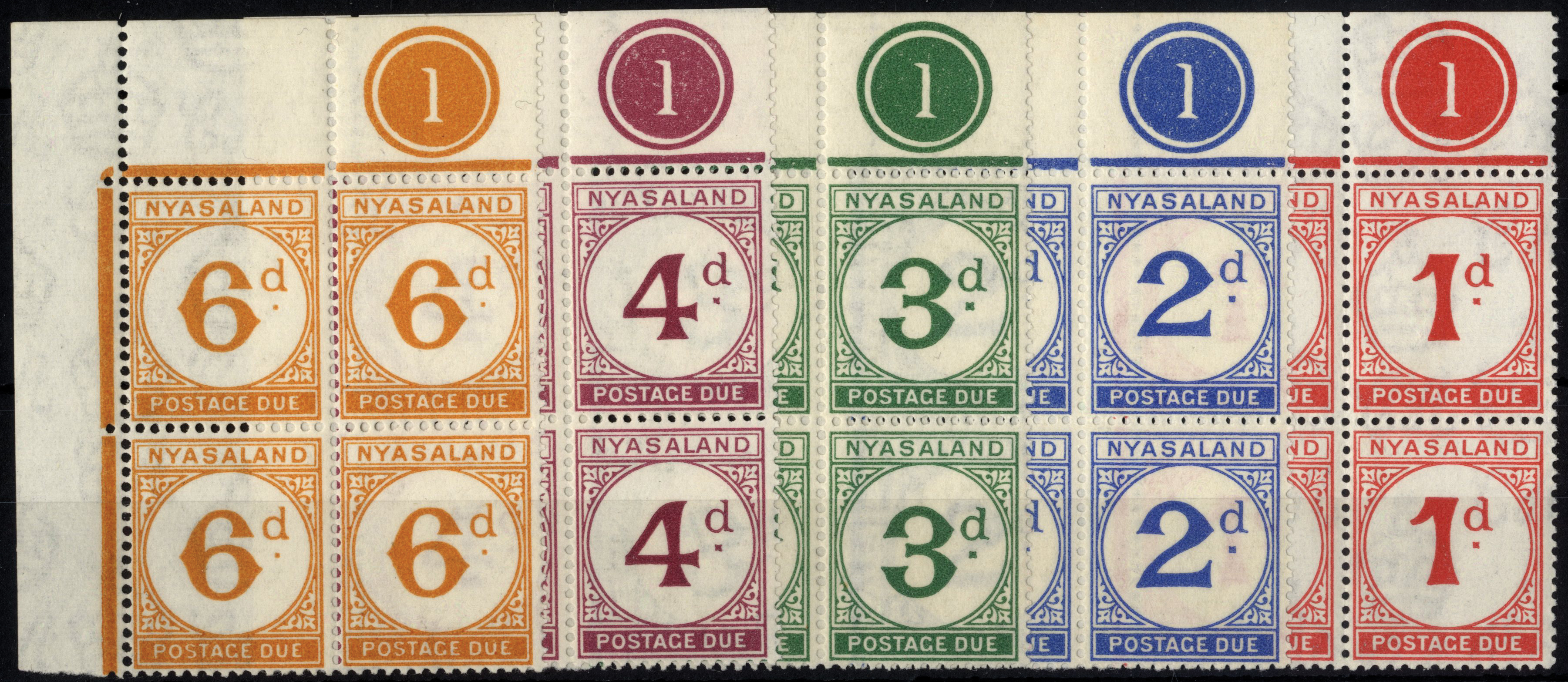 Nyasaland. 1950 Postage Due set of 4 in matching upper left Plate '1' blocks of 4, fresh unmounted