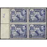 Fiji. 1938-55 3d blue unmounted mint marginal block of four, top right stamp with Pl. 2 R4/2 spur on
