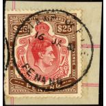 Malaya. Penang Revenues. 1949 $25 red and brown used on piece, minor peripheral staining. Barefoot