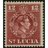St Lucia. 1950 12ct claret perf 14½ x 14 unmounted mint, well centred for this stamp. SG 153a (£