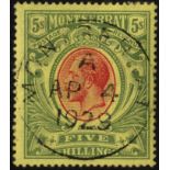 Montserrat. 1914 5/- red and green on yellow paper, used with full CDS of AP 4 1929. SG 48 (£160)