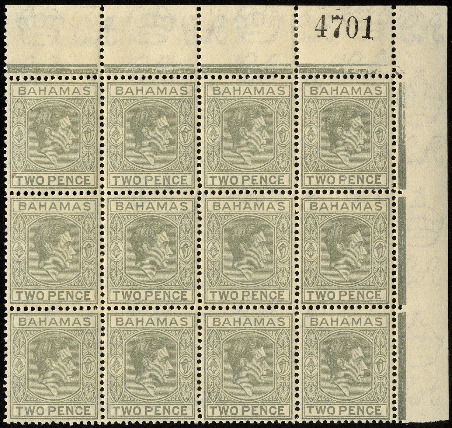 Bahamas. 1938-41 2d pale slate mint corner block of twelve, the stamps unmounted, R3/6 RP short 'T'.