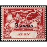 Aden and States. 1949 3a on 30ct UPU unmounted mint, showing 'A' of 'CA' almost entirely omitted